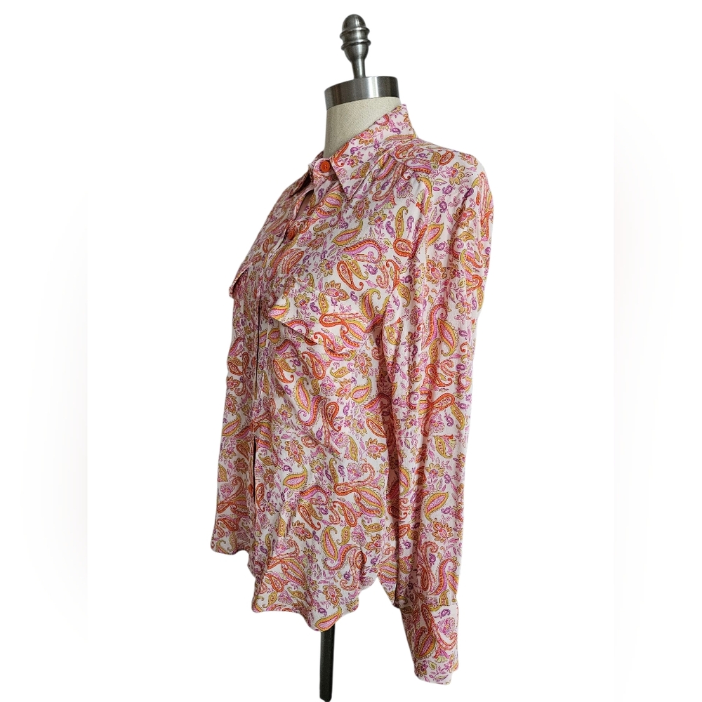 NWOT ZARA Orange & Pink Paisley Silky Button Down Blouse | SZ M - Picture 5 of 12